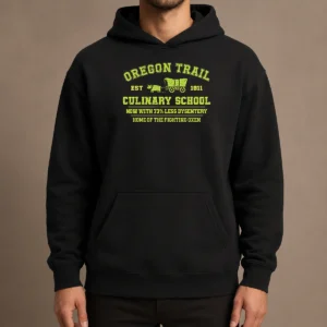 Hot Top Oregon Trail Culinary School Hoodie in black, front view with drawstring hood and kangaroo pocket