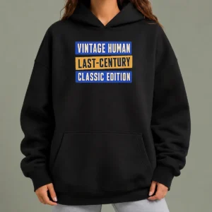 Funny Vintage Human Last Century Classic Edition Hoodie in dark grey, front view with kangaroo pocket and drawstring hood