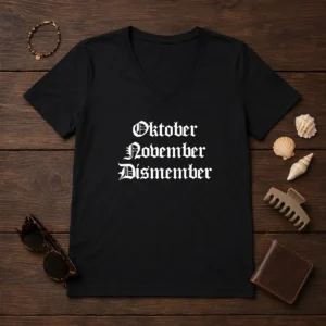 Pretty Oktober November Dismember Gothic Dark V Neck Shirt in black with gothic text design