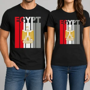 Good Egypt Flag Eagle Coat Of Arms t shirt front view showing detailed eagle emblem on a classic crew neck tee