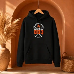 Pretty My Blood Type Is BBQ Hoodie in charcoal gray with front pocket and drawstring hood