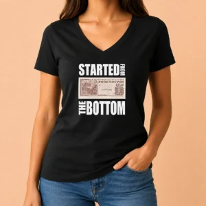 Premium Started From The Bottom Food Coupon Parody Bold Statement Text V Neck Shirt in dark color with bold white text on front