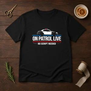 Awesome On Patrol Live Apparel Police Car No Script Needed t shirt front view in black cotton fabric