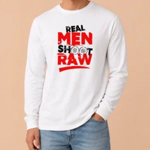 Funny Real Men Shoot Raw Photography Camera Shutter Aperture long sleeve shirt in black, front view