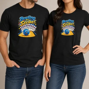 Pretty Bowling For Strike Anime t shirt in black, featuring vibrant anime bowling graphic on front