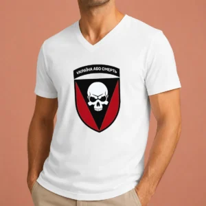 Nice Official Ukraine Or Death Skull Emblem Military Tactical V Neck Shirt in dark color with emblem on chest