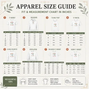 Size chart for Nice Bohner Family Reunion Pitch A Tent Camping with measurements in inches and cm