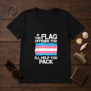 Awesome Transgender Pride Flag If This Flag Offends You I Will Help You Pack V Neck Shirt in light blue with bold text