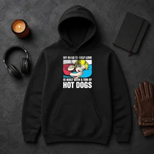 Funny My Road To Self Love Is Built With A Ton Of Hot Dogs Hoodie in black, cozy pullover with front pocket and drawstring hood