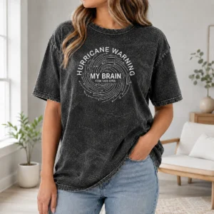 Pretty Overthinking Cyclone Warning Minimal Text Graphic Washed T-Shirt