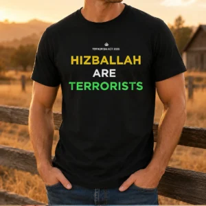 Premium Hizballah Are Terrorists Terrorism Act 2000 t shirt in black, short sleeve cotton tee