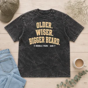 Original Older Wiser Bigger Beard T Mobile Park Aug 7 printed on a soft washed t shirt with a vintage look