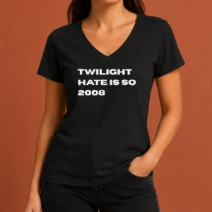 Top Twilight Hate Is So 2008 Y2K Nostalgia V Neck Shirt in black with vintage-inspired Y2K typography