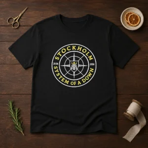 Top System Of A Down Stockholm 2026 Tour Badge t shirt featuring a classic crew neck and short sleeves