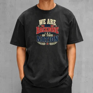 Funny We Are The Backbone Of This Nation Retro Distressed Washed T Shirt in soft vintage wash fabric with retro distressed print