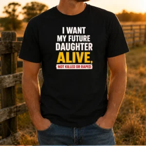 Original I Want My Future Daughter Alive Not Killed Or Raped Awareness Activism t shirt in black, short sleeve cotton tee
