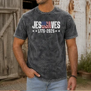 Funny Jesus Saves USA 1776 2026 250 Years design on a comfortable washed t shirt in vintage style