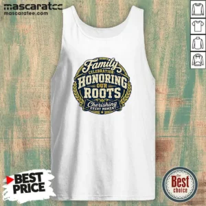 Pretty Family Celebration Gratitude Mascot Badge Tank Top in white, featuring a cheerful family mascot design on front