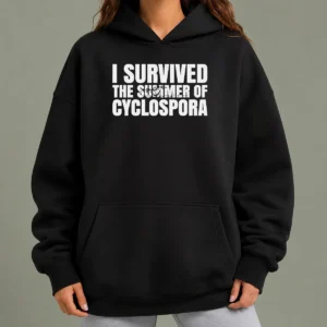Good Hot I Survived The Summer Of Cyclospora Hoodie in black with front pocket and adjustable drawstring hood
