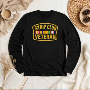 Premium Hot Strip Club Veteran Logo long sleeve shirt in black with bold graphic print on chest