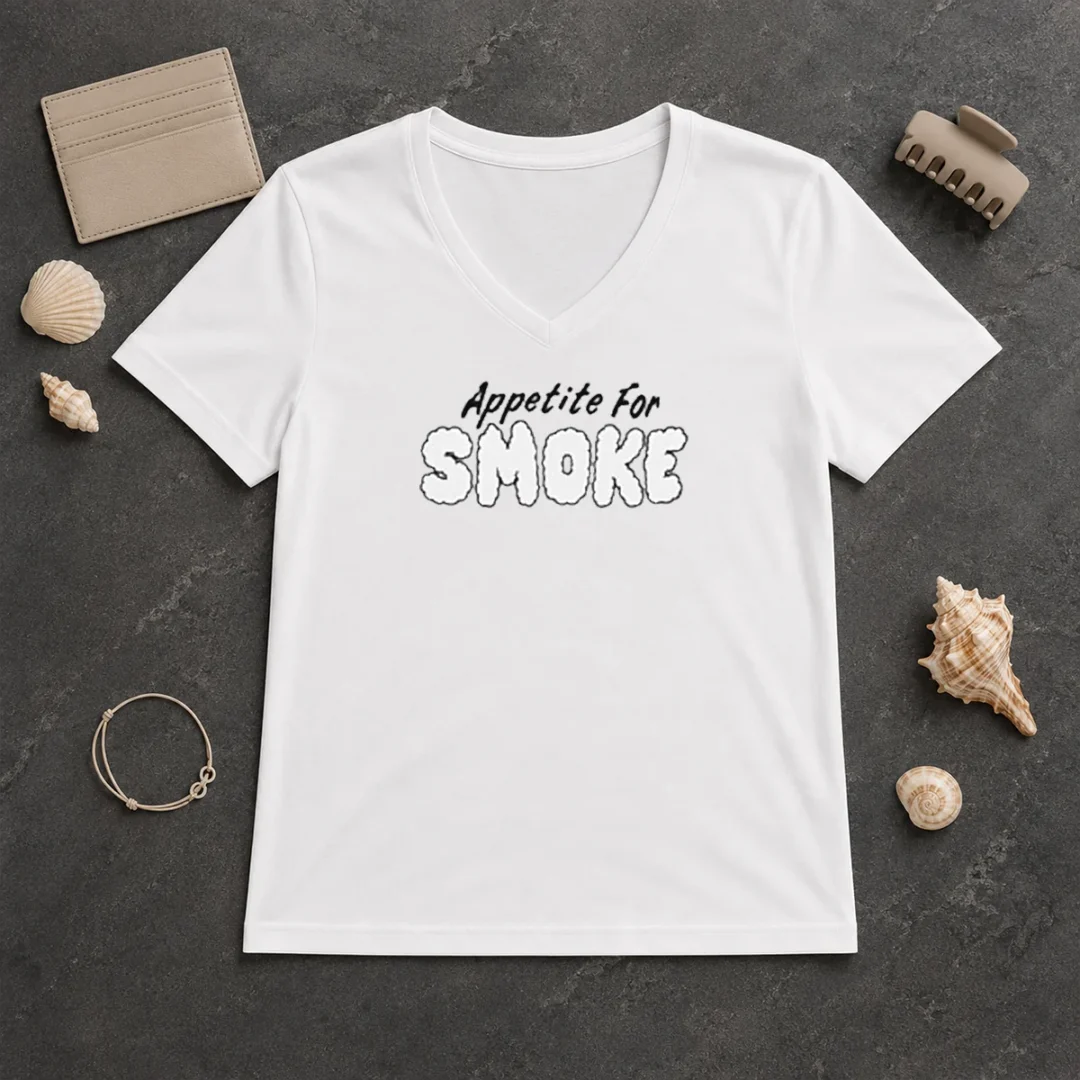 Nice Appetite For Smoke V Neck Shirt Nice Appetite For Smoke V Neck Shirt in charcoal gray showing front graphic design and slim fit