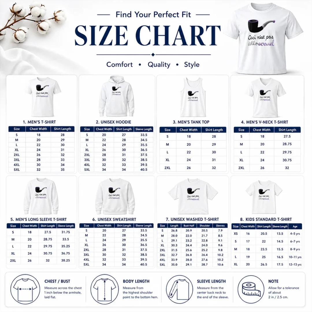 Nice Asexual Pride Rene Magritte Ceci N Est Pas Allosexuel Size Chart Size chart for Nice Asexual Pride Rene Magritte Ceci N Est Pas Allosexuel with measurements in inches and cm