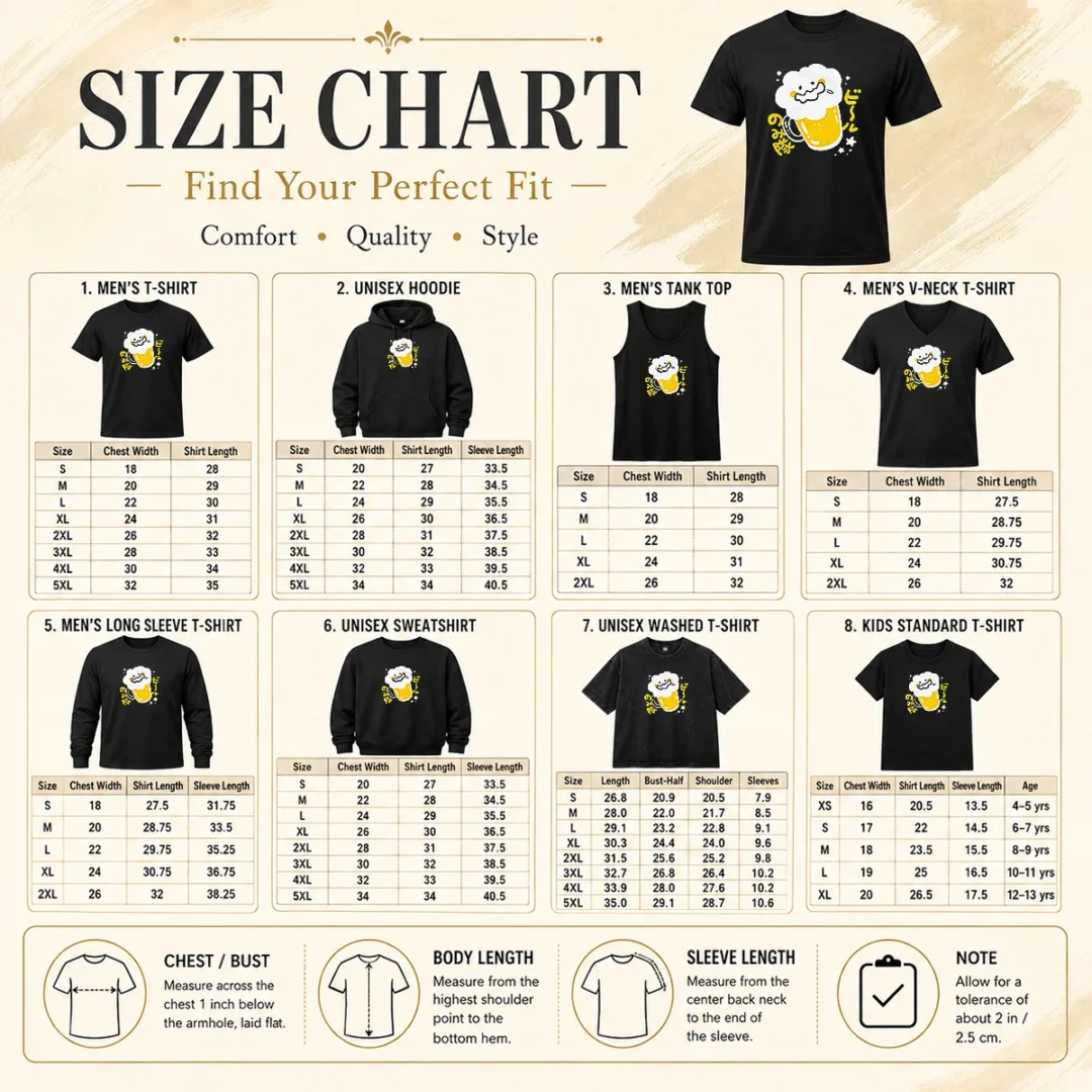 Nice Beer Drinking Squad Beer Character Kawaii Size Chart Size chart for Nice Beer Drinking Squad Beer Character Kawaii with measurements in inches and cm