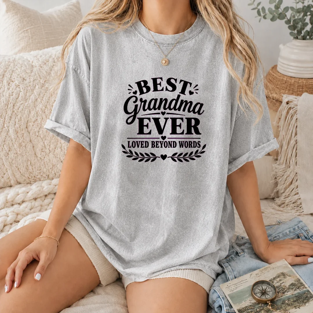 nice-best-grandma-ever-family-celebration-silhouette-washed-t-shirt Nice Best Grandma Ever Family Celebration Silhouette on a soft washed t shirt in light gray