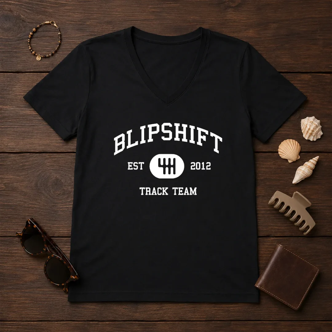 nice-blipshift-track-team-est-2012-v-neck Nice Blipshift Track Team Est 2012 V Neck shirt in dark color with bold graphic print on front