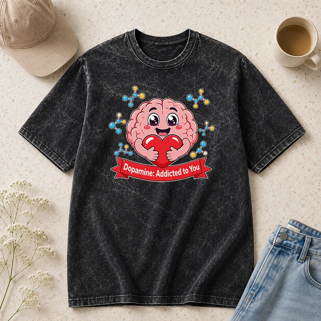 nice-dopamine-addicted-to-you-cute-brain-vector-washed-t-shirt Nice Dopamine Addicted To You Cute Brain Vector printed on a soft washed t shirt in light gray
