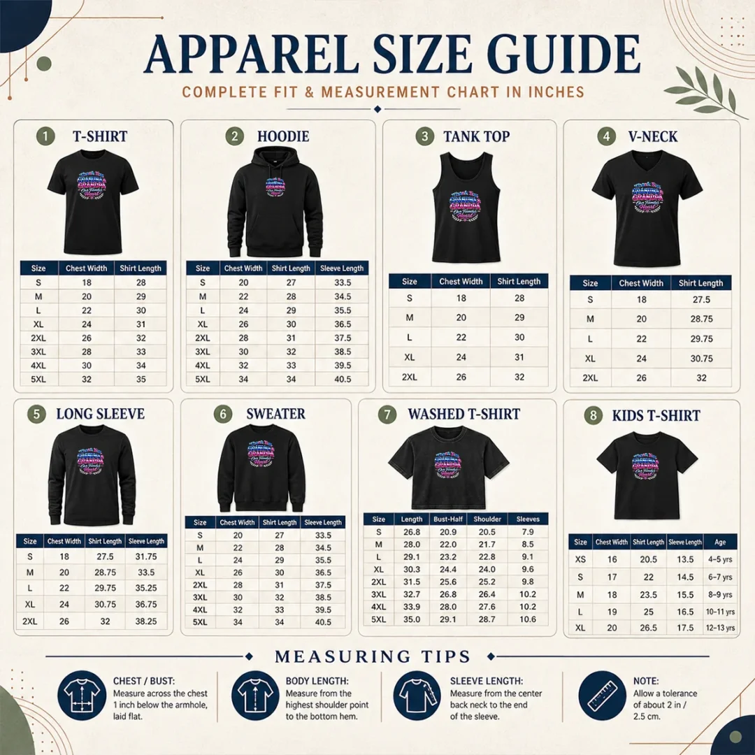 Nice Good Grandparents Day Thank You Tee With Y2K Chrome Size Chart Size chart for Nice Good Grandparents Day Thank You Tee with measurements in inches and cm