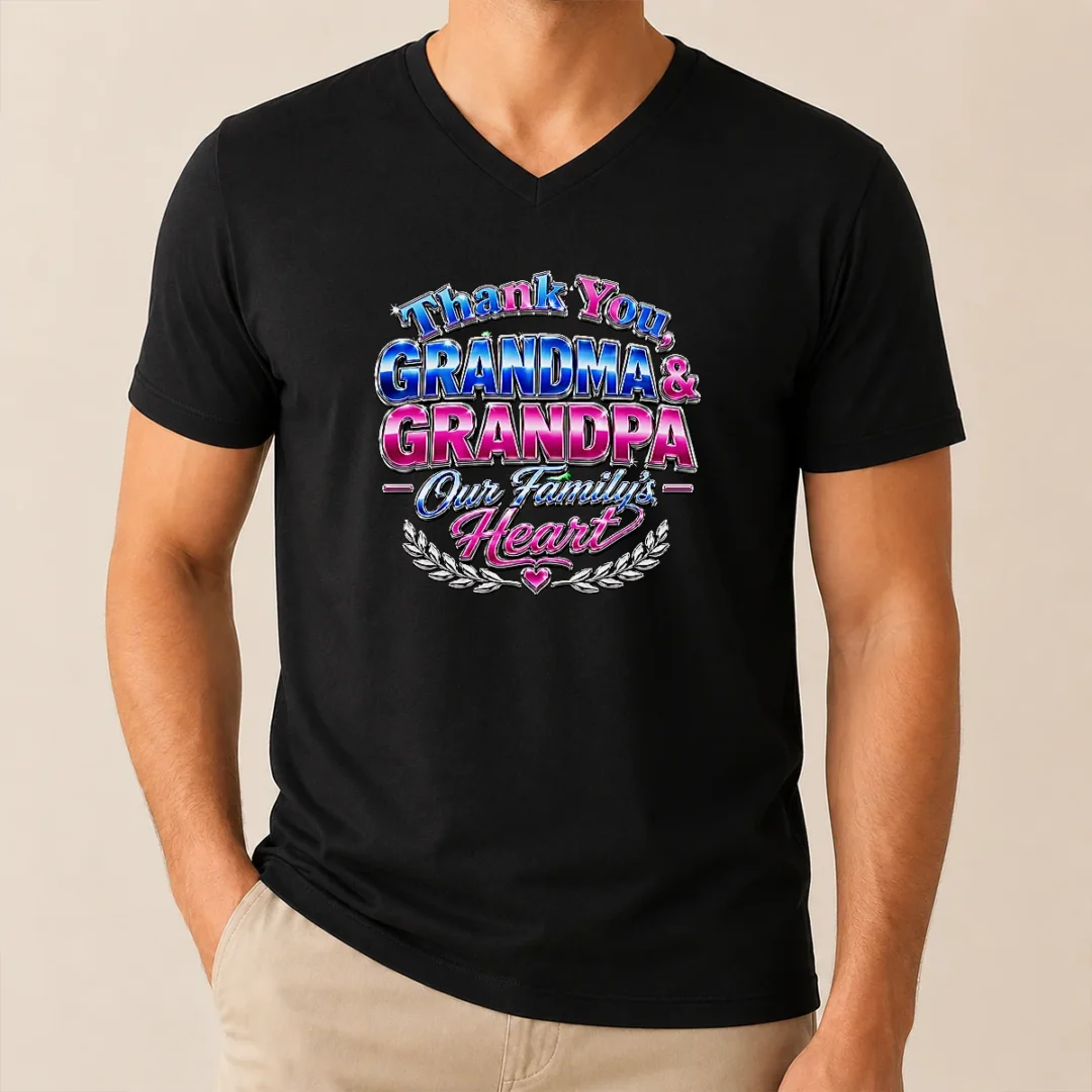Nice Good Grandparents Day Thank You Tee With Y2K Chrome V Neck Shirt Nice Good Grandparents Day Thank You Tee With Y2K Chrome V Neck Shirt in soft fabric with bright chrome lettering