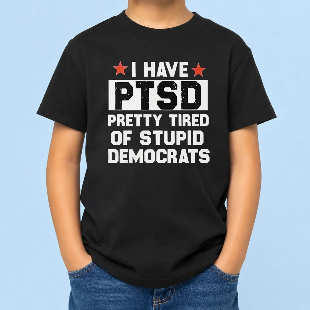 nice-good-i-have-ptsd-pretty-tired-of-stupid-democrats-red-stars-kids-t-shirt Nice Good I Have Ptsd Pretty Tired Of Stupid Democrats Red Stars Kids T Shirt in red with star graphics on a child-sized short sleeve tee