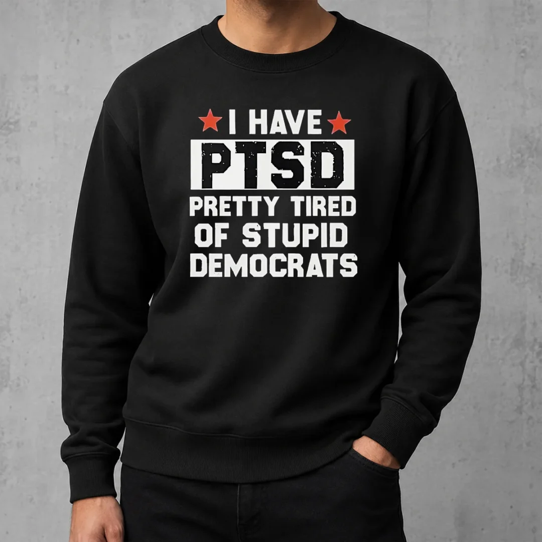 nice-good-i-have-ptsd-pretty-tired-of-stupid-democrats-red-stars-sweater Nice Good I Have Ptsd Pretty Tired Of Stupid Democrats Red Stars Sweater in red with star accents, long sleeves and crew neck