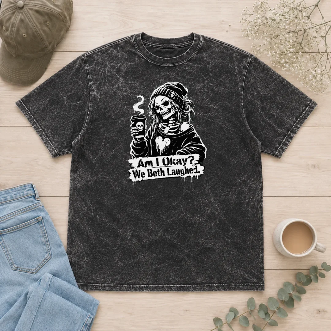 nice-halloween-coffee-skeleton-girl-stencil-washed-t-shirt Nice Halloween Coffee Skeleton Girl Stencil printed on a soft washed t shirt with a relaxed fit
