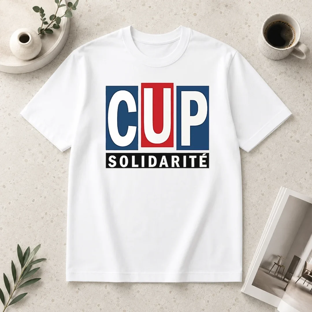 nice-happy-cup-solidarity-red-white-blue-logo-t-shirt Nice Happy CUP Solidarity Red White Blue Logo t shirt in classic crew neck style with patriotic colors