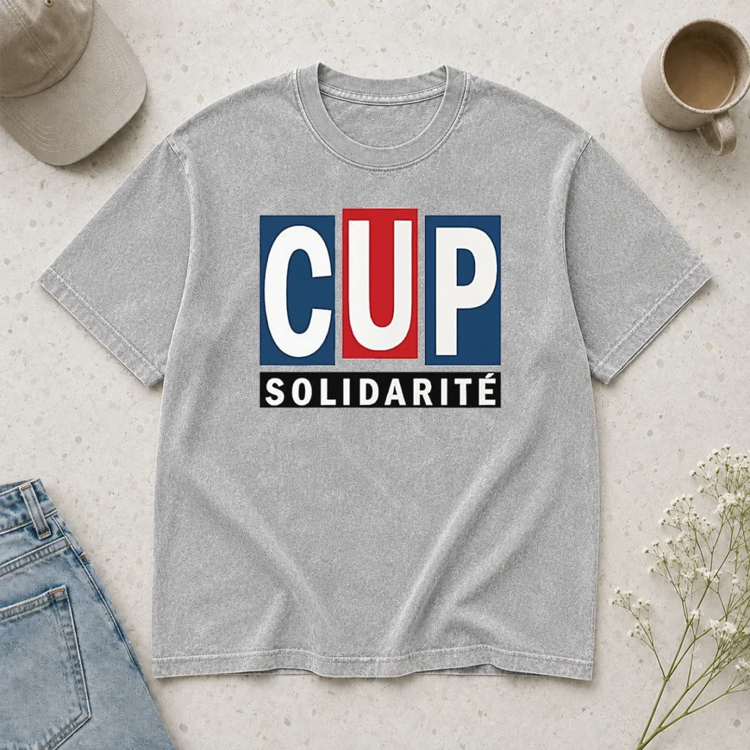 nice-happy-cup-solidarity-red-white-blue-logo-washed-t-shirt Nice Happy CUP Solidarity Red White Blue Logo on a washed t shirt in red, white, and blue colors