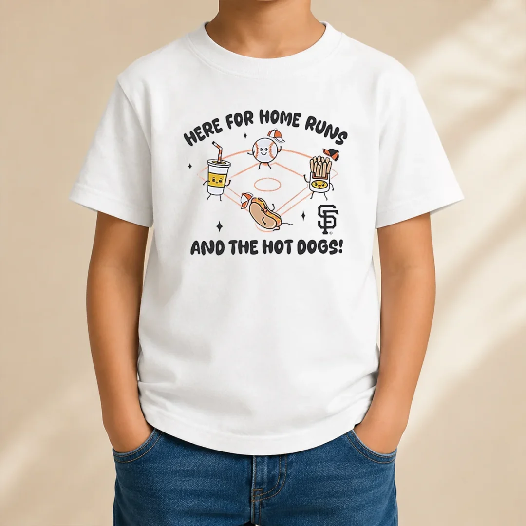 nice-here-for-home-runs-and-the-hot-dogs-san-francisco-giants-kids-t-shirt Nice Here For Home Runs And The Hot Dogs San Francisco Giants kids t shirt featuring bold team colors and fun baseball-themed text