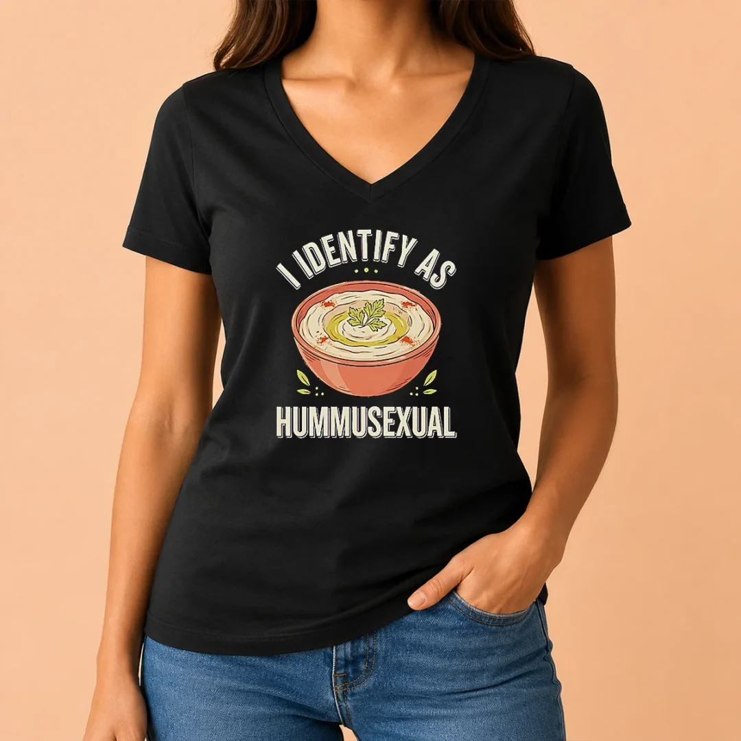 nice-hot-i-identify-as-hummusexual-hummus-bowl-v-neck-shirt Nice Hot I Identify As Hummusexual Hummus Bowl V Neck Shirt in soft cotton fabric with a relaxed fit