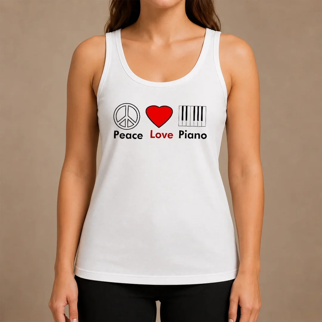 Nice Hot Peace Love Piano Tank Top Nice Hot Peace Love Piano Tank Top in black, sleeveless casual wear with bold graphic print