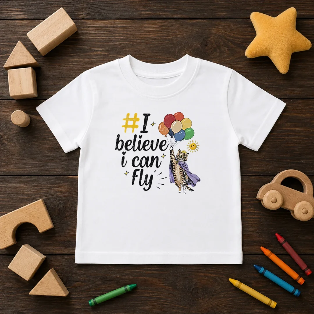 nice-i-believe-i-can-fly-cat-balloons-kids-t-shirt Nice I Believe I Can Fly Cat Balloons Kids T Shirt featuring colorful cat balloon graphics on a soft cotton fabric