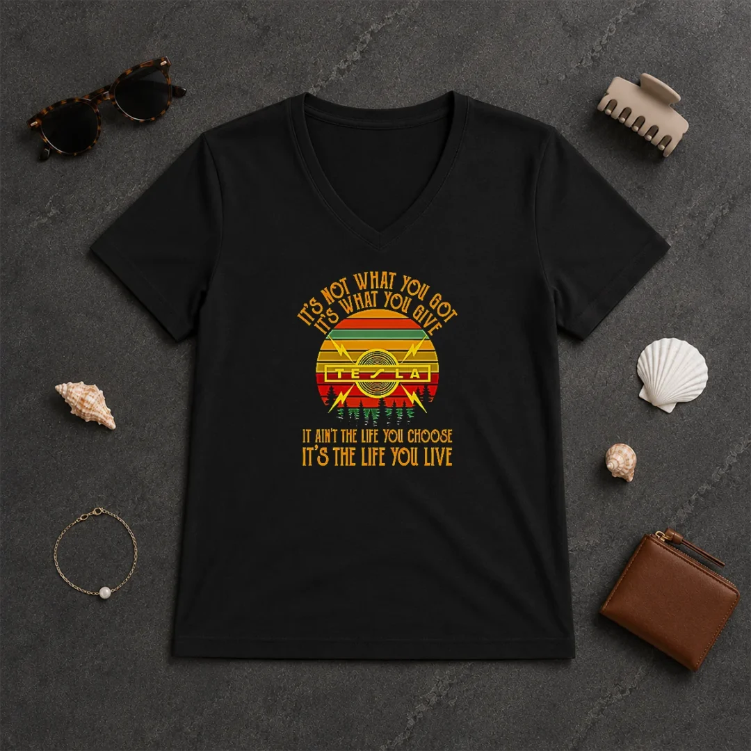 Nice It'S Not What You Got Its What You Give Tesla V Neck Shirt Nice It'S Not What You Got Its What You Give Tesla V Neck Shirt in black, soft cotton fabric with a classic V neckline