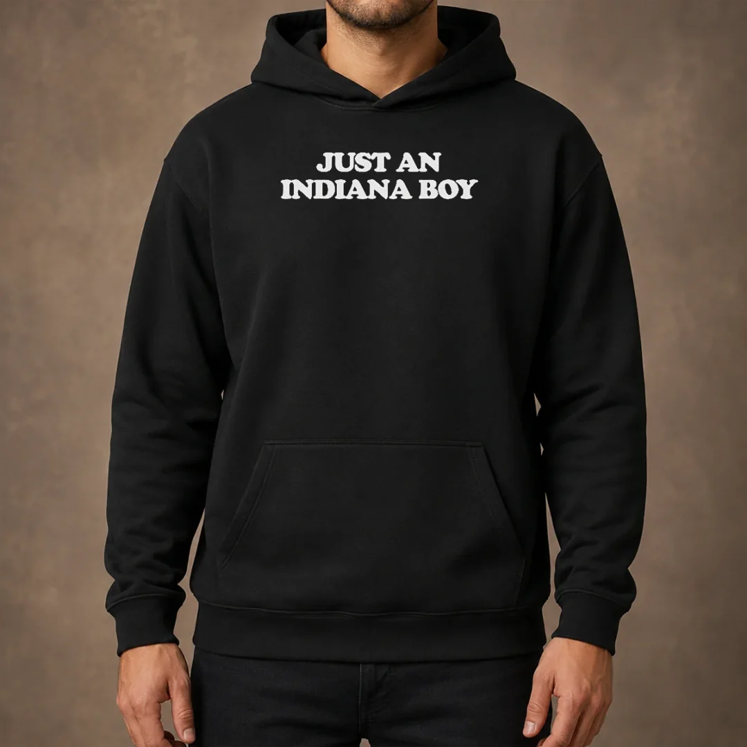 nice-just-an-indiana-boy-hoosier-midwest-home-state-hoodie Nice Just An Indiana Boy Hoosier Midwest Home State Hoodie in dark gray, front view with kangaroo pocket and drawstring hood