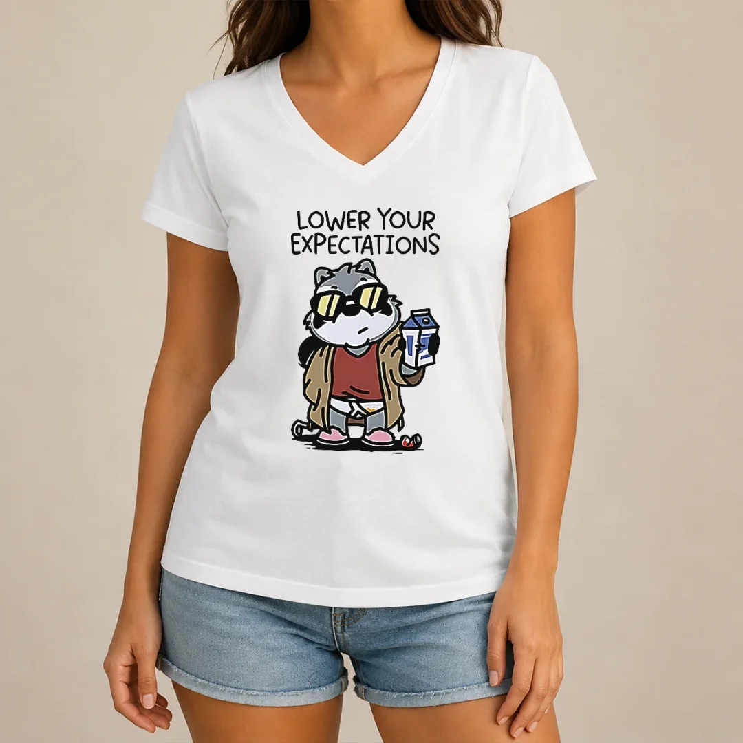 nice-lower-your-expectations-raccoon-cartoon-v-neck-shirt Nice Lower Your Expectations Raccoon Cartoon V-Neck Shirt