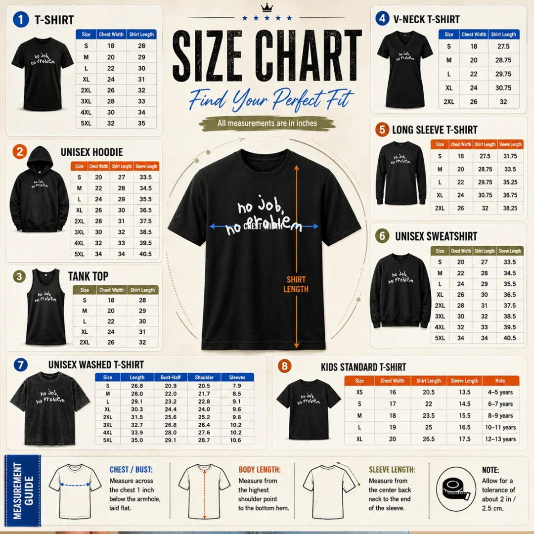 nice-no-job-no-problem-text-quote-size-chart Size chart for Nice No Job No Problem Text Quote with measurements in inches and centimeters