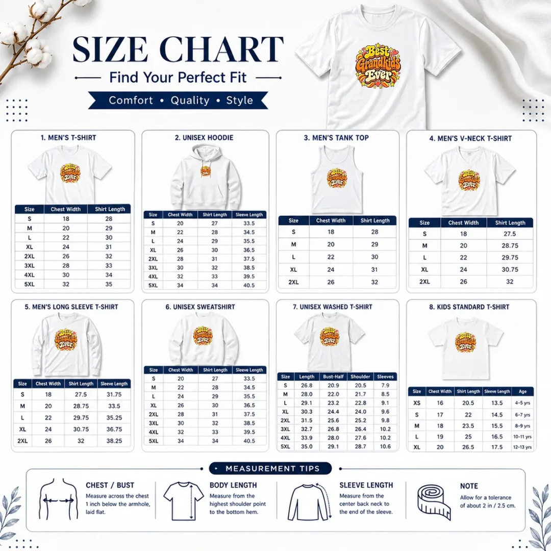 nice-official-best-grandkids-ever-vintage-style-size-chart Size chart for Nice Official Best Grandkids Ever Vintage Style with measurements in inches and cm