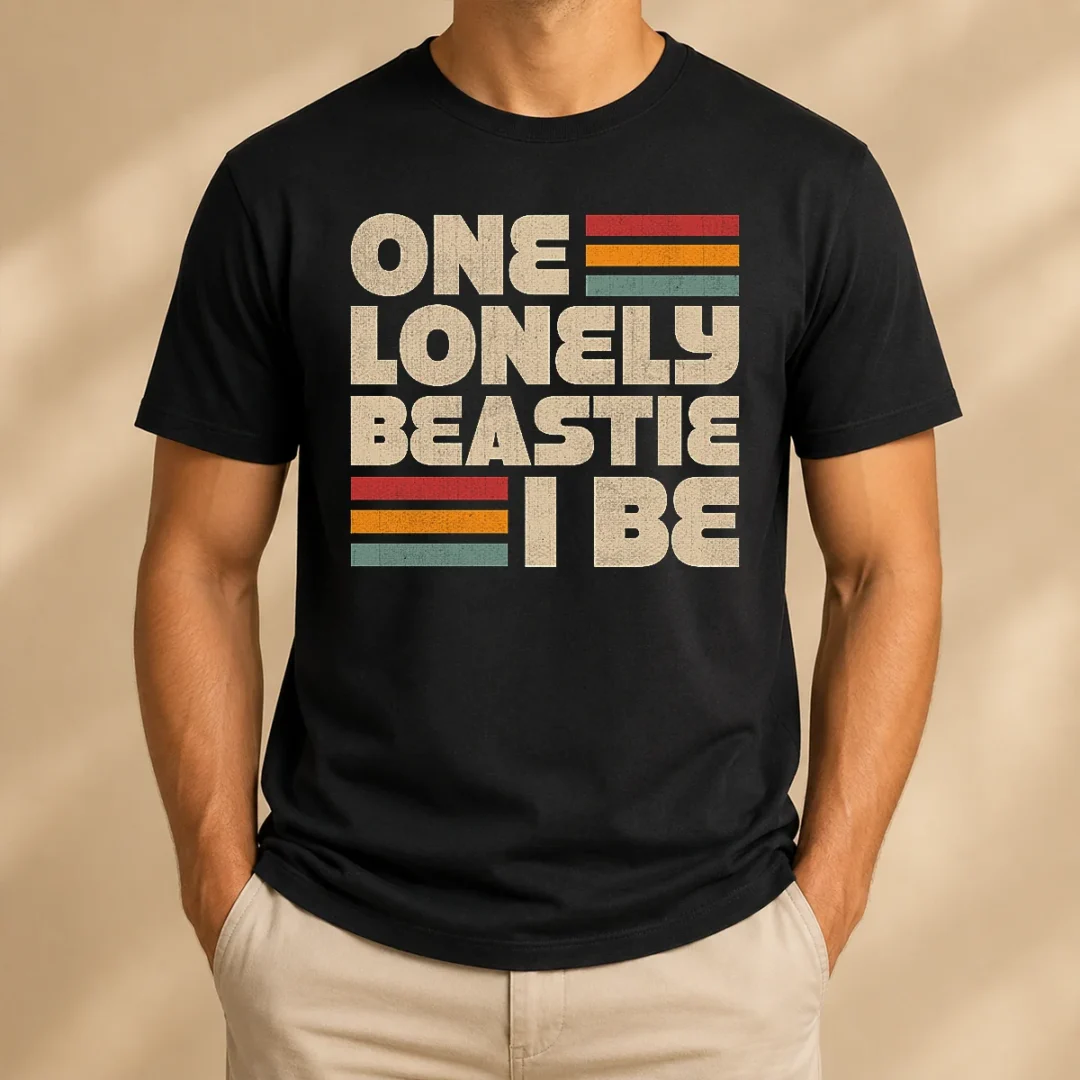 nice-one-lonely-beastie-i-be-t-shirt Nice One Lonely Beastie I Be t shirt in black, featuring bold white text on front, classic crew neck cotton tee