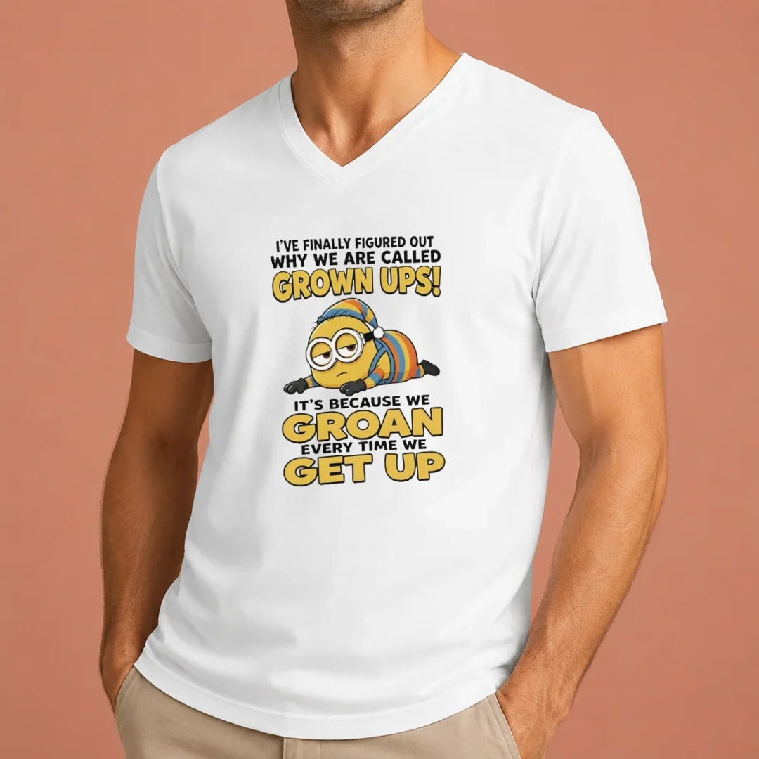 nice-original-minion-ive-finally-figured-out-why-we-are-called-grown-ups-its-because-we-groan-every-time-v Nice Original Minion Ive Finally Figured Out Why We Are Called Grown Ups Its Because We Groan Every Time V Neck Shirt in dark fabric with bold graphic