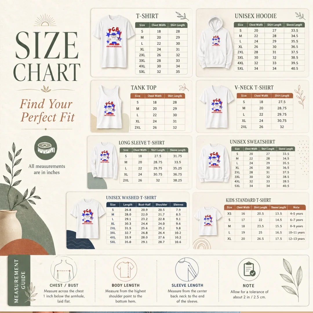 nice-original-pca-chicago-baseball-character-shirt-with-pinstripe-uniform-and-baseball-bat-size-chart Size chart for Nice Original PCA Chicago Baseball Character Shirt with measurements in inches and cm
