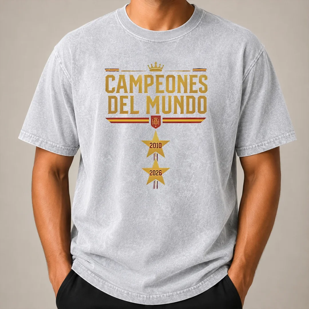 Nice Original Spain World Champions 2026 2 Stars Washed T Shirt Nice Original Spain World Champions 2026 2 Stars Washed T-Shirt
